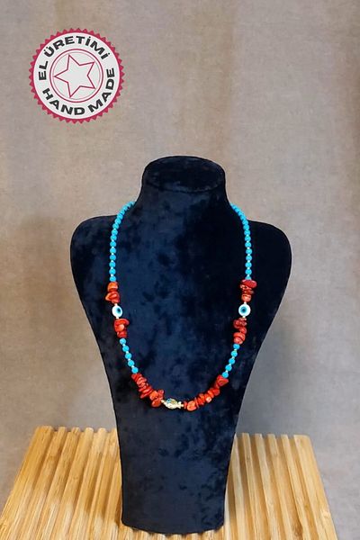 Uretti - Özlem 9422 3876 Handmade Tightening Turquoise and Coral Stone Detailed Necklace