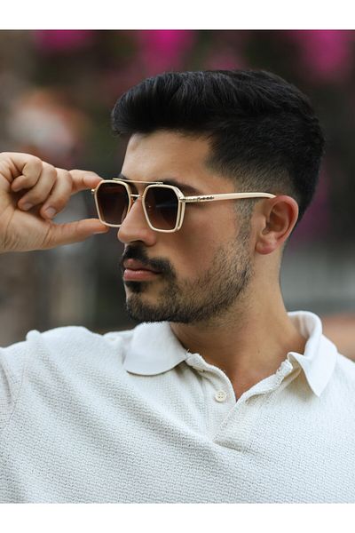 Markasepeti Gold Framed Cornered Unisex Sunglasses (Cream)