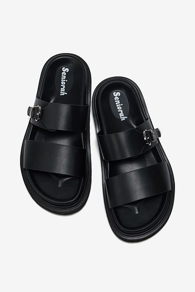 Seniorah Black Skin Thick Banded Single Buckle Detailed Women's Slippers