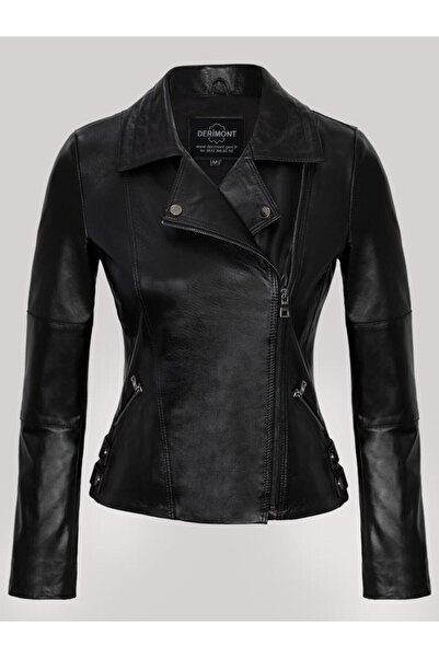 DeriWork Hakiki Kuzu Derisi Siyah Bel İşlemeli Yandan Fermuarlı Kadın Deri Ceket