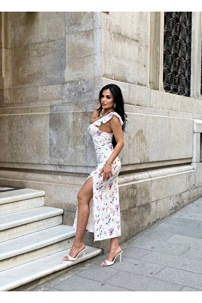 sajarsln Saja Rsln Micro Digital Print Lycra μανίκια βολάν Φόρεμα μπορντό λευκό μοτίβο λουλουδιών