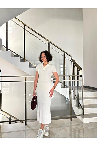 Sude Kızanlıklı Rochie tricotată cu nervuri cu gât polo