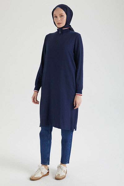Armine TREND Armi̇ne Trend Half Zip Sleeves and Ribbed Collar Tunic-Navy Blue-25Yt433