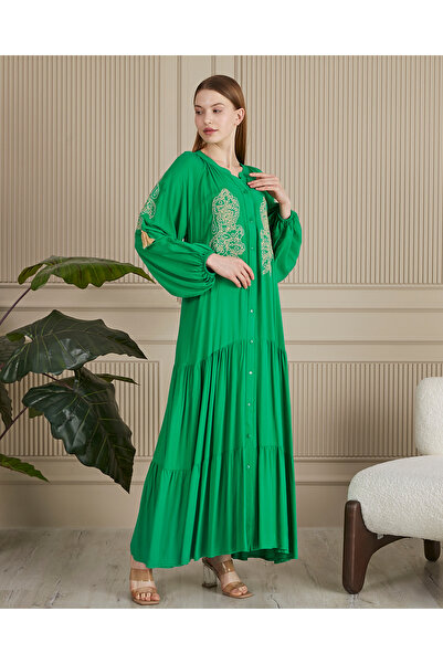 EL jadida Women's Embroidered Buttoned Plus Size Viscose Long Dress Green