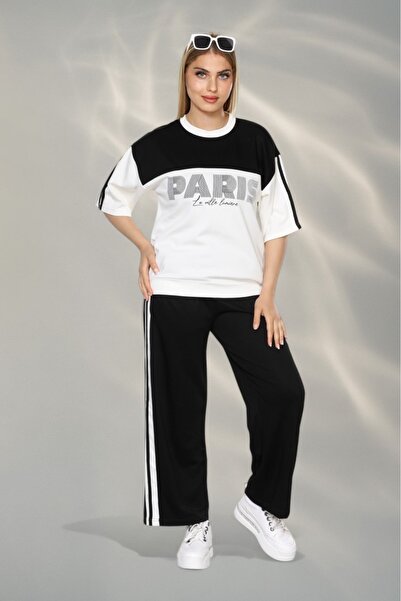 NEWCO طقم بلوزة وبنطلون من القماش الناعم ذو الملمس الناعم بتصميم باريس مع شري...