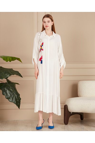 EL jadida Women's Embroidered Buttoned Plus Size Viscose Long Dress White