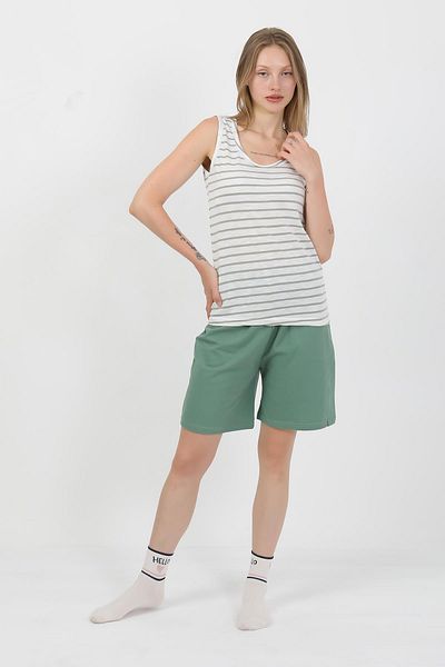 Akbeniz Set pantaloni scurți din bumbac pieptănat cu bretele groase pentru femei, verde 3637