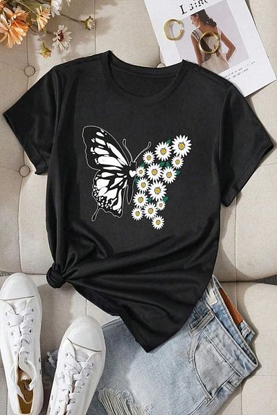 x-compass life Femei/Fete Wide Cut Oversize Thsort Butterfly Daisy Printed