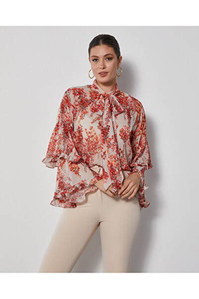 SERPİL Çiçek Desenli Kadın Gömlek - Fular Yaka - Kat Kat Kol Tasarımlı Gömlek