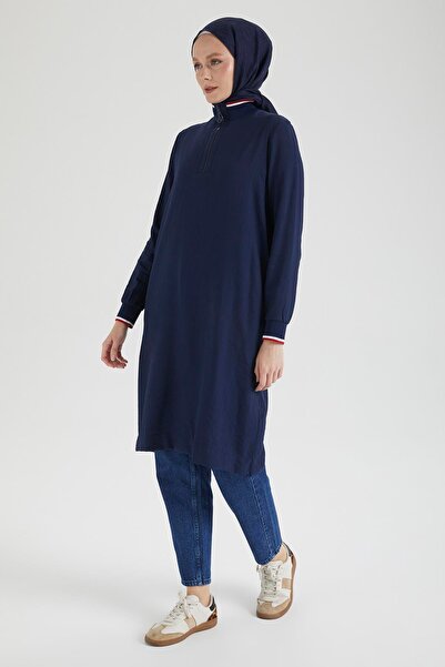 Armine Trend Half Zipper Sleeve and Ribbed Collar Tunic-Navy Blue-25Yt433
