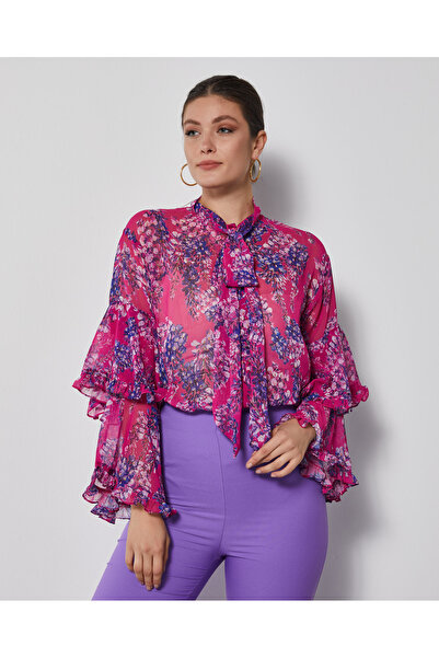 SERPİL Çiçek Desenli Kadın Gömlek - Fular Yaka - Kat Kat Kol Tasarımlı Gömlek