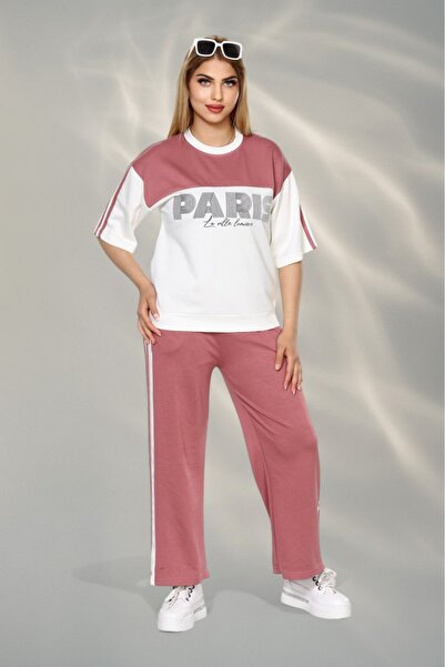 NEWCO Bluză și pantaloni din țesătură cu tematică parisiană, cu textura moale...