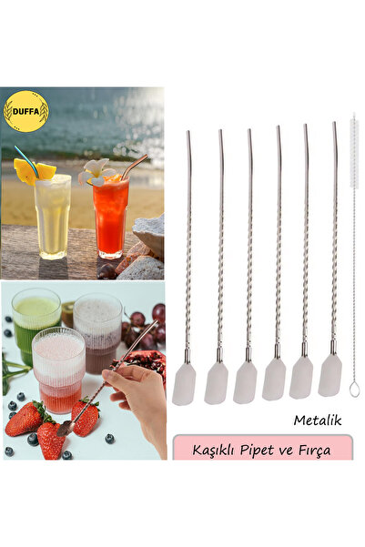 Duffa 6'lı Paslanmaz Çelik Kaşıklı Pipet Seti Ve Temizleme Fırçası 22 cm