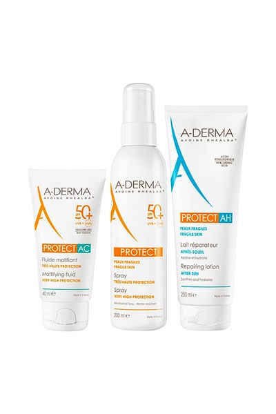 A-DERMA Sun Protection Fluid SPF 50+, 40ml + Spray SPF 50+, 200ml + After Sun Repair Lotion, 250ml