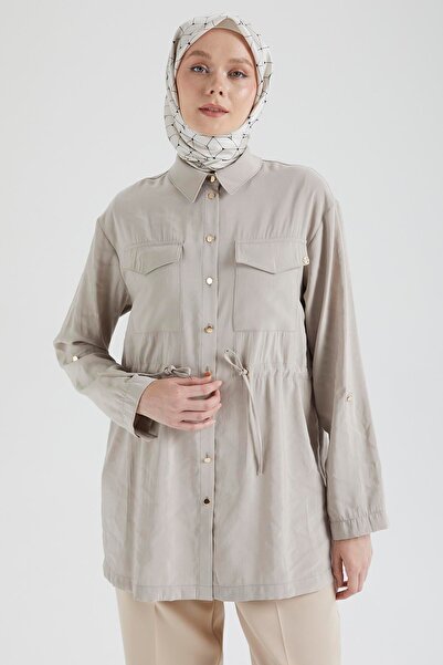 Armine TREND Armi̇ne Trend Elastic Waist Button Shirt Collar Tunic-Stone 25Yt458