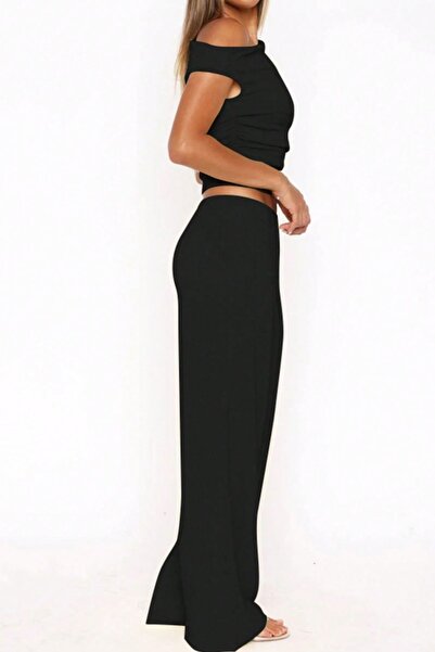 Trendseninle Black One Shoulder Detail Gathered Blouse Trousers Knitted Twist Suit