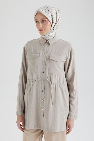 Armine TREND Armi̇ne Trend Elastic Waist Button Shirt Collar Tunic-Stone 25Yt458