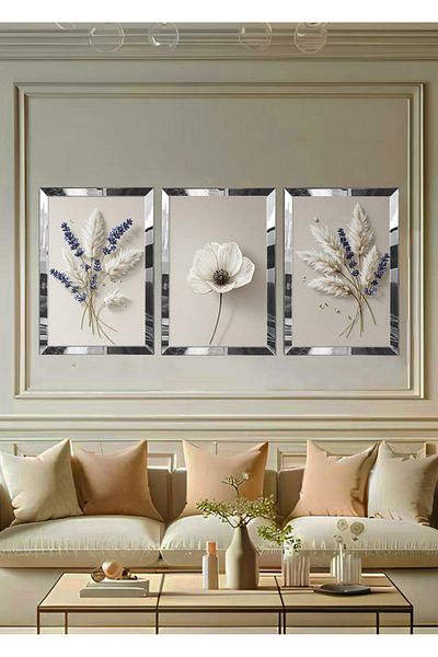 YOKTAYOK Lavender Cotton Painting with Plexiglass Frame 3 Pieces