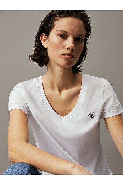 Calvin Klein Women Bright White Embroidery Stretch Short Sleeve T-Shirt