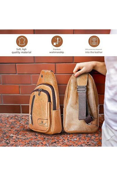 DONBOLSO Unisex crossbody bag, shoulder or hand bag made of leather, 3 compartments, 30 X 16 X 10 cm, Brown