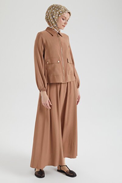 Armine Trend Elastic Sleeves Front Pocket Skirt Elastic Waist Double Suit-Brown 25Yt622