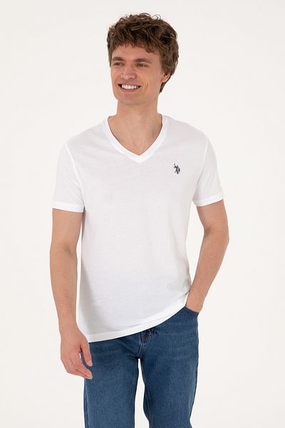 U.S. Polo Assn. Tricou de bază alb cu decolteu în V pentru bărbați 50297985-VR013