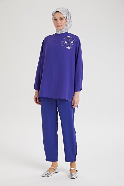 Armine TREND ARMİNE TREND Kolları Düğmeli Taş Desenli Tunik-Morcivert 25YT443