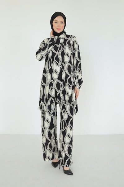 Armine Trend Buttoned Patterned Trousers Double Suit-Black 25Yt609