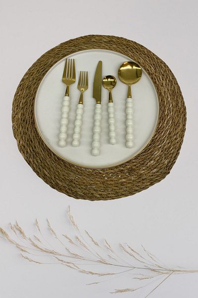 AKDAG HOME 6 Pieces White Plastic Pearl Stone Detailed Gold Sweet Cutlery Set |   6 Piece Luxury Sweet Cutlery Set