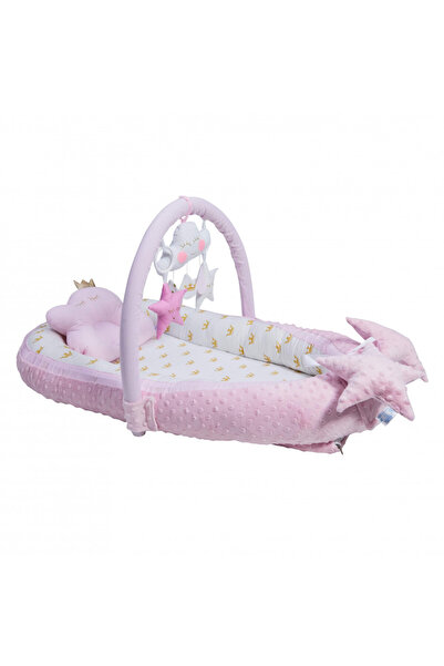 Evelise Pătuț de pluș Baby Nest HappyLuna cu pernă și activități, roz și alb