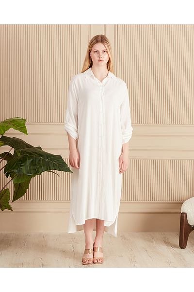 EL jadida Women's Embroidered Buttoned Plus Size Viscose Long Dress White