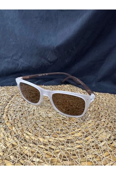 Ferrucci Transparent White Matte Square Framed Brown Handle and Glass Brand Model Unisex Sunglasses