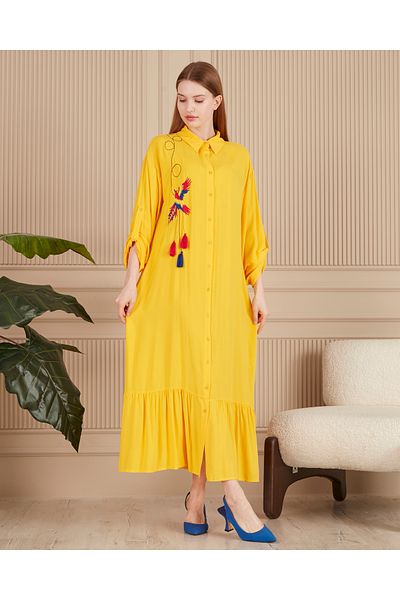 EL jadida Women's Embroidered Buttoned Plus Size Viscose Long Dress Yellow