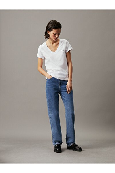 Calvin Klein Women Bright White Embroidery Stretch Short Sleeve T-Shirt