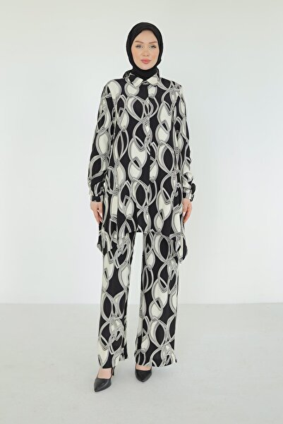 Armine Trend Buttoned Patterned Trousers Double Suit-Black 25Yt609