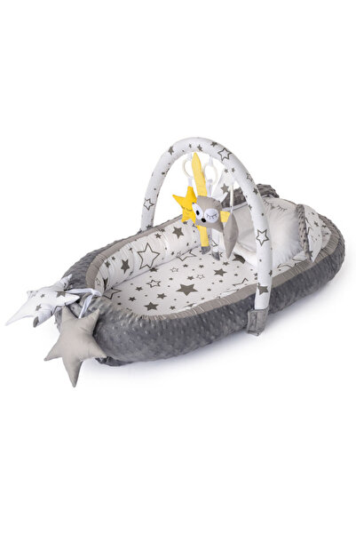Evelise Pătuț de pluș Baby Nest HappyLuna cu pernă și steluțe, gri