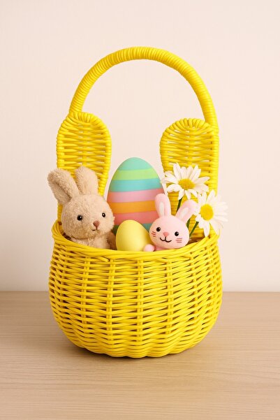oceanpoint Yellow Rattan Rabbit Ear Basket, Decorative Organizer, Handmade Basket, 15X15X28 cm