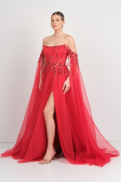 ÖMÜR INN Ömür Inn Kadın Straplez Payet İşlemeli Kolları Pelerin Detaylı Uzun ...