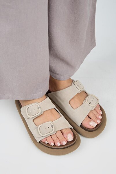 Manijero (Lavanda 2) Women's Genuine Leather Double Buckle Beige Slippers