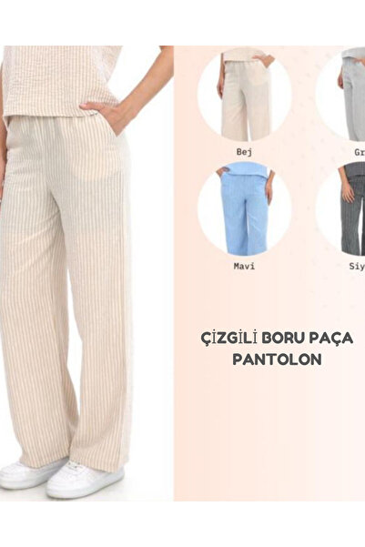 GM İncebelli Çizgili Keten Boru Paça Pantolon