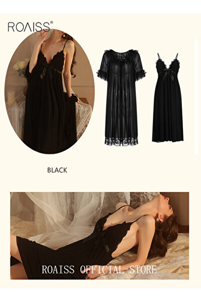 ROAISS 2 Piece Set Night Skirt Solid Women's Lace Pajamas with Pad V-Neck Sling Mesh Sweet Court Retro Nigh