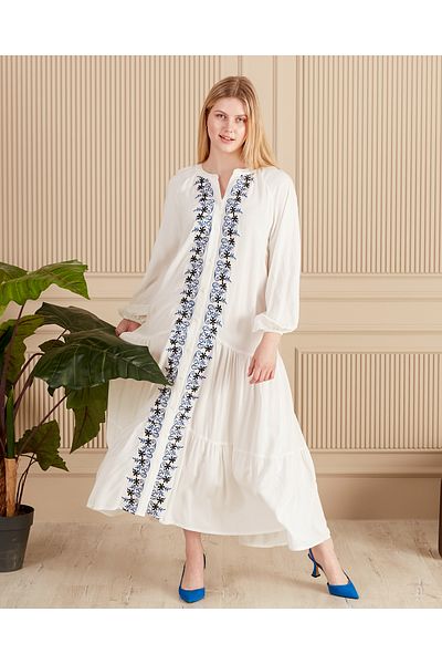 EL jadida Women's Embroidered Buttoned Plus Size Viscose Long Dress White Saks