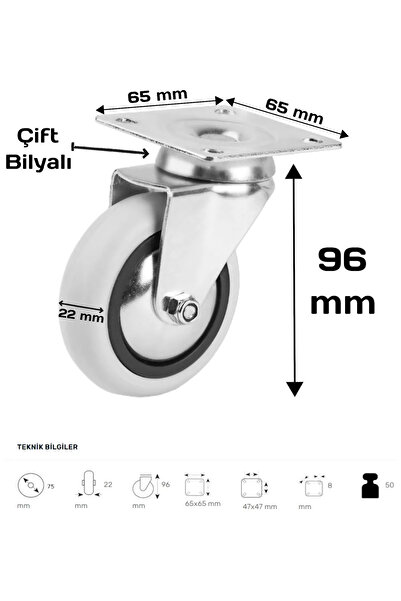 EYMHOME Döner Tablalı 75'lik Çift Bilyalı PVC Teker 2 Adet Frenli - 2 Adet Fr...