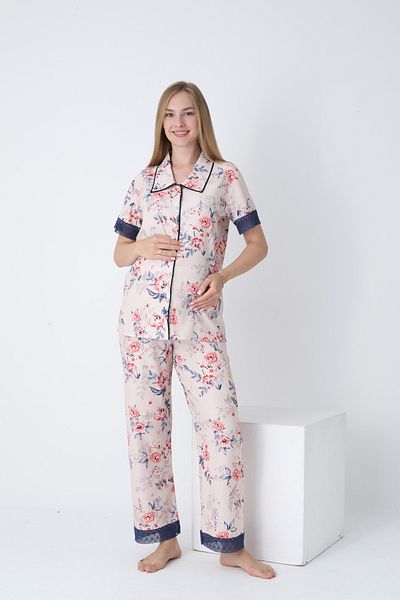 Miss Dünya Lissa Baby Collar Front Button Short Sleeve Printed Maternity and Maternity Pajama Set
