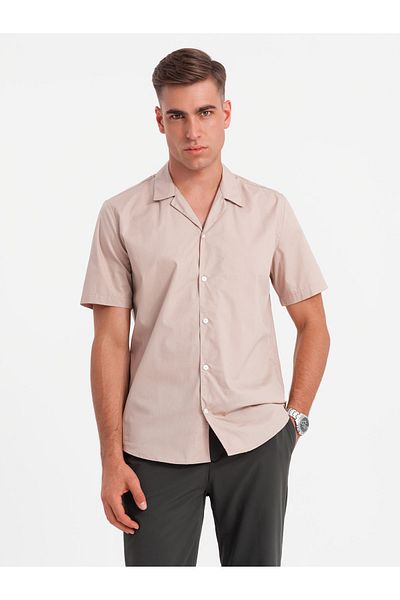 OMBRE Herren Kurzarmhemd mit kubanischem Kragen - hellbraun V6 OM-SHSS-0168 S