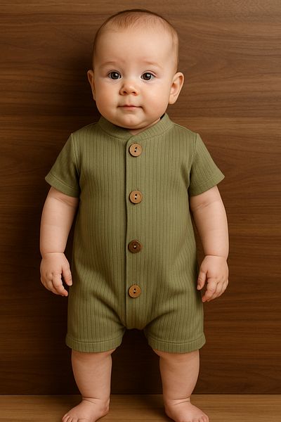 Bubito Short Sleeve Board Button Cotton Summer Jumpsuit-Green