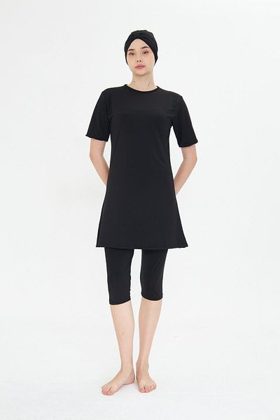 Fantasy Plus Size Short Sleeve Lycra Semi-Covered Hijab Swimsuit Black 3484B-S