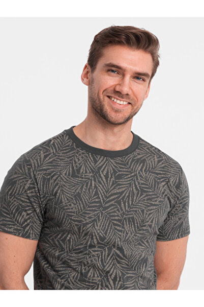 OMBRE T-Shirt mit Palmenblättern für Männer mit Fullprint - Grau OM-TSFP-0182