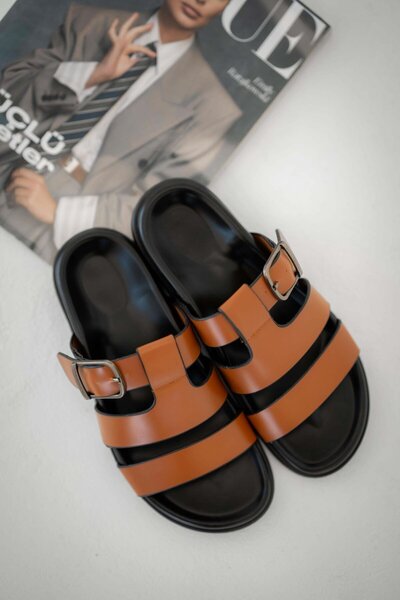 Parponi Singapore Women's Flat Sole Leather Slippers Tan