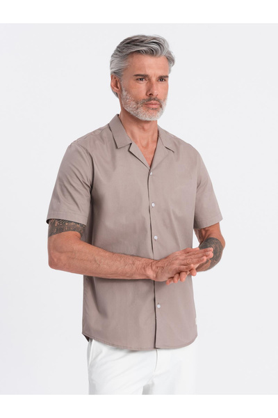 OMBRE Herren Kurzarmhemd mit kubanischem Kragen - dunkelbeige V3 OM-SHSS-0168 XXL